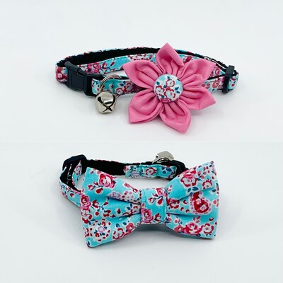 Cat Collar With Optional Flower Or Bow Tie Pink Roses On Teal Breakaway Collar Adjustable Sizes S Kitten, M, L - image1